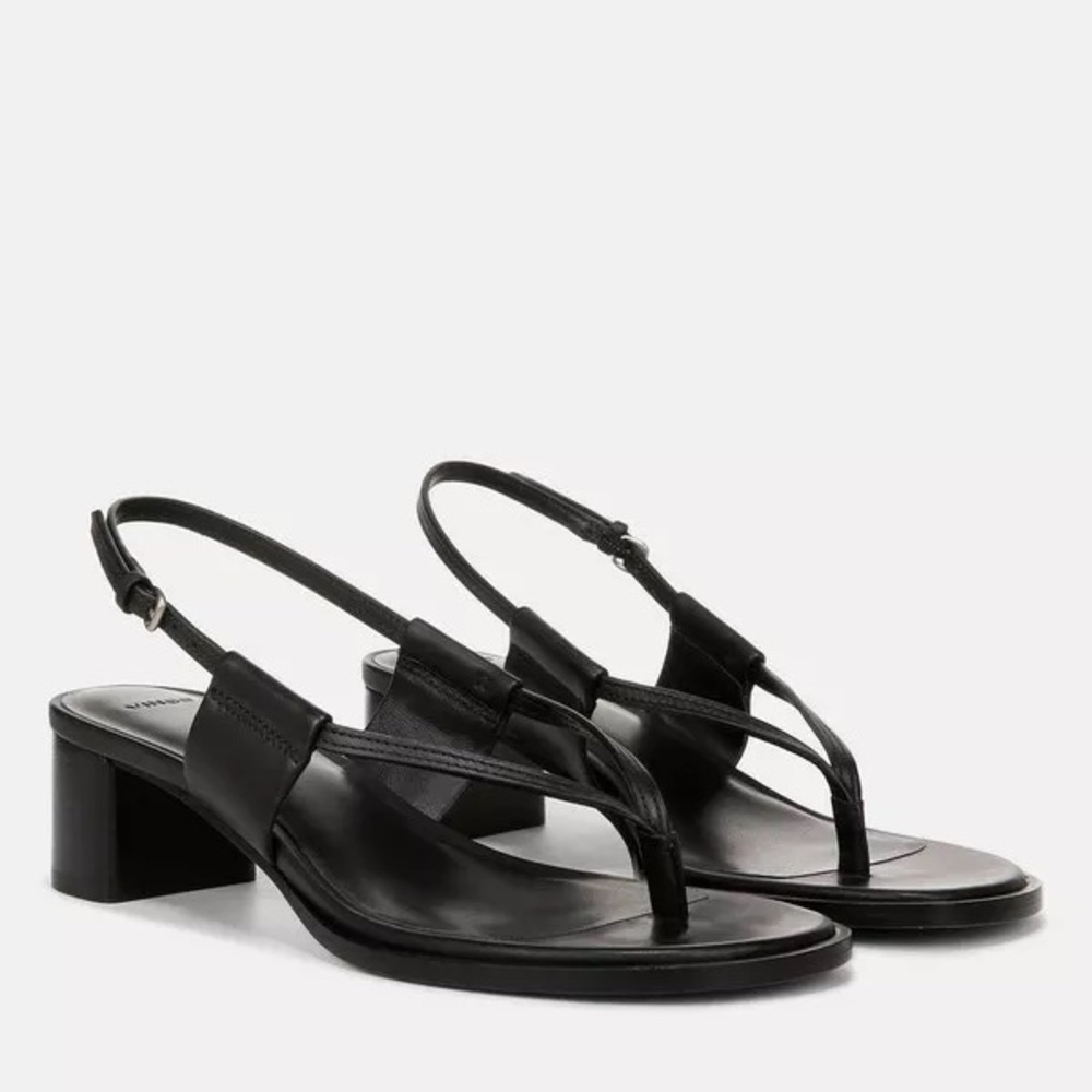Black Leather Slingback Thong Sandals with Low Block Heel